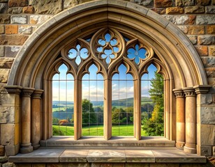 Fototapeta premium Ornate arched window showcasing scenic landscape with vibrant colors & detailed stonework
