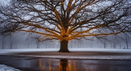Enchanting winter scene with a majestic tree adorned with warm festive lights glowing in the fog, reflecting in the icy ground, creating a magical holiday atmosphere