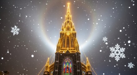Majestic church steeple adorned with golden lights against a snowy sky, radiating holiday cheer and festive beauty for Christmas and winter celebrations