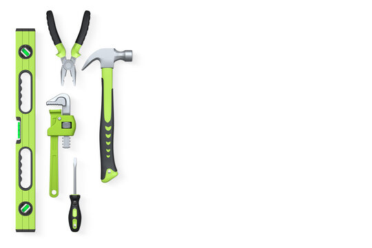 Set of hand tools including pliers, pipe wrench, hammer, and screwdriver isolated on white background, concept of repair