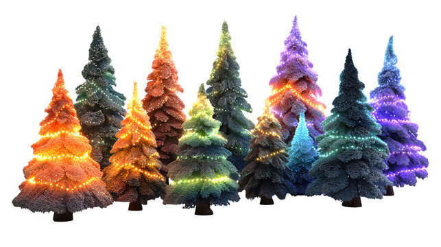Group of miniature 3D Christmas trees with neon fairy lights and glossy texture, joyful winter holiday celebration design, isolated on white background