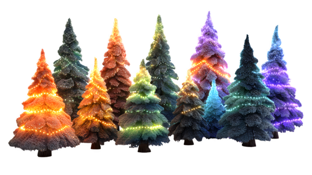 Group of miniature 3D Christmas trees with neon fairy lights and glossy texture, joyful winter holiday celebration design, isolated on white background - Powered by Adobe