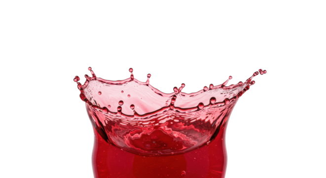 Dynamic, hyper-detailed splash of vibrant deep ruby red liquid frozen mid-air, forming a crown structure and spherical droplets against a high-key white backdrop. Concept for premium product