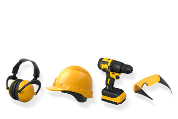 Protective gear featuring helmet, earmuffs, drill and goggles isolated on white background with clipping path, concept of safety