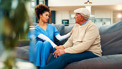 Nursing home, woman and nurse with patient, talking and medical help for rehabilitation and...