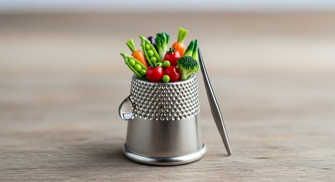 Miniature garden inside a thimble featuring fresh tiny vegetables
