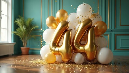 Golden number 44 balloons float with white and gold spheres. Confetti sprinkles on floor. Indoor party decor for milestone event. Room has teal walls, plant.
