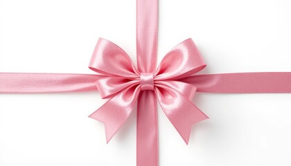 A pink satin ribbon tied in a bow on a white background. The bow is large and symmetrical, creating an elegant appearance suitable for gifts or decorations.