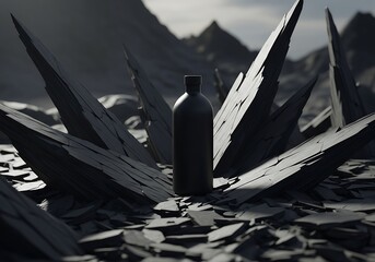Dark bottle surrounded by sharp rocks in a dramatic mountain landscape