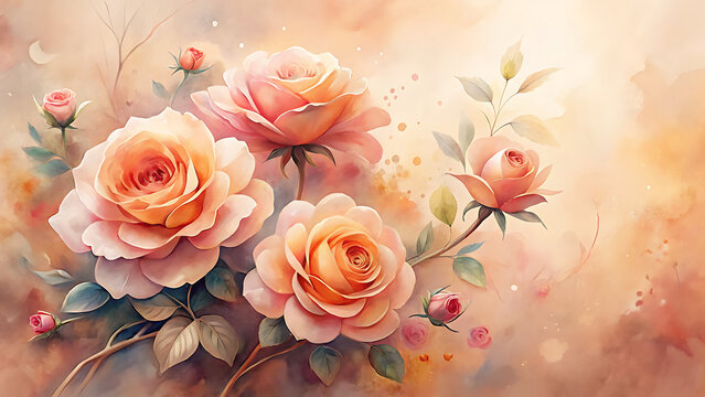Delicate watercolor painting of a lush bouquet of soft peach and pink roses with subtle green leaves and a warm ethereal background