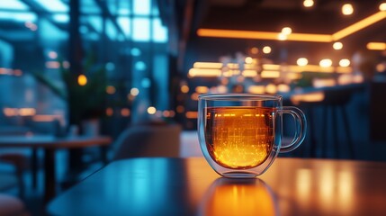 coffee lovers lifestyle shot in tech-integrated smart café with transparent mug and cozy lighting, futuristic lifestyle blend