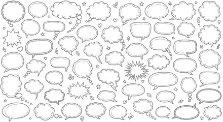 Collection of hand drawn speech bubbles and thought bubbles on white background