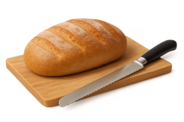 Freshly baked bread loaf on a wooden cutting board with a serrated knife, ready for slicing