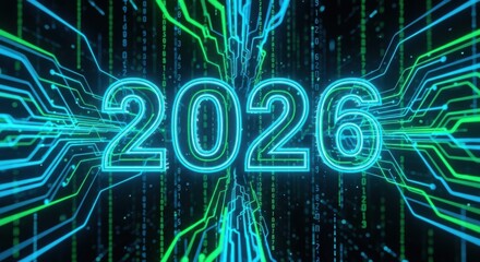 Exciting 2026 New Year countdown with futuristic neon lights and digital data streams for tech branding and innovative designs that pop