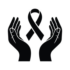 Symbol of Hope Awareness Ribbon Between Caring Hands Helping and Supporting Patient Health Recovering as Charity Icon Vector Illustration
