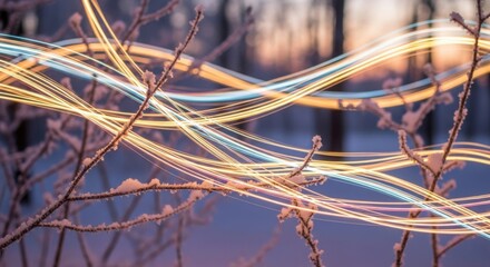 Magical winter wonderland with glowing light trails weaving through snow-covered branches creates a stunning ethereal scene, perfect for holiday themes