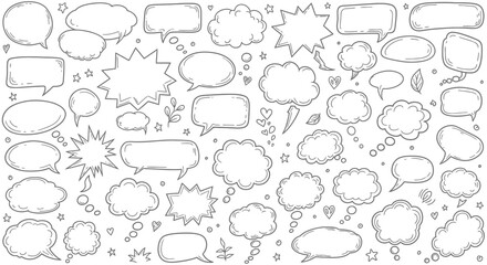 Collection of hand drawn speech bubbles and thought bubbles in various shapes and sizes