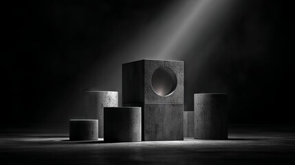 Monochromatic concrete cube and cylinder shapes arranged in a clean minimalist composition on neutral background modern abstract geometric still life for design and architecture concepts
