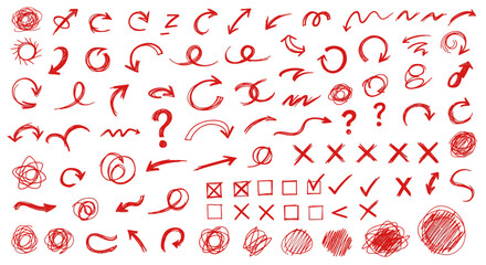 Hand drawn red arrow and shape collection on white background for design elements