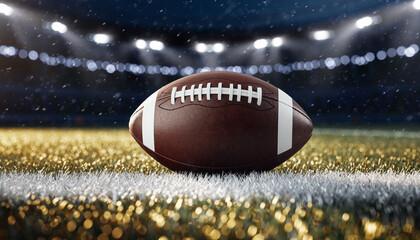 Football on a field in a brightly lit stadium, perfect for sports websites, blogs, social media posts, or sportsthemed designs.