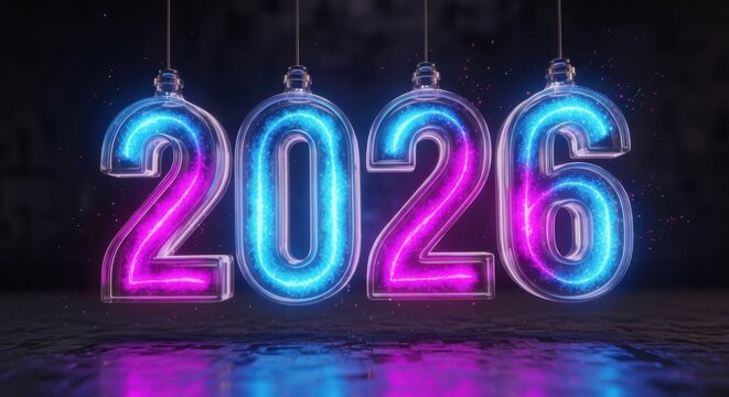 Celebrate 2026 with Vibrant Neon Numbers, Ready for New Year's Eve, Parties, and Festive Events, a Glowing Invitation to the Future - Powered by Adobe