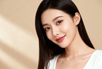 Naklejka premium minimal fashion portrait of a confident woman in white top with copyspace backdrop