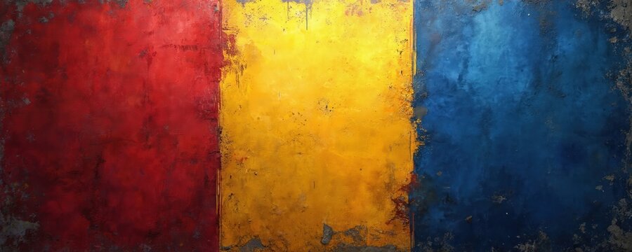 Abstract artwork features colors of Romanian flag. Red yellow and blue blocks form a vibrant textured background. Patriotic design evokes national pride visual culture identity.