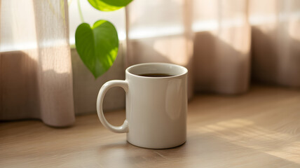 Fototapeta premium Warm mug of coffee on a wooden table near a window with sheer curtains