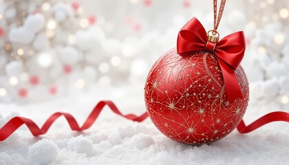 A red Christmas ornament with a bow sits on a bed of snow. The background features blurred white lights and soft, snowy decorations.