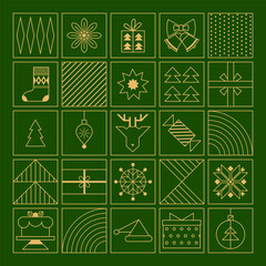 Minimal Christmas icon set in gold line style on green. Geometric holiday symbols perfect for cards, packaging, patterns, and modern festive design projects.