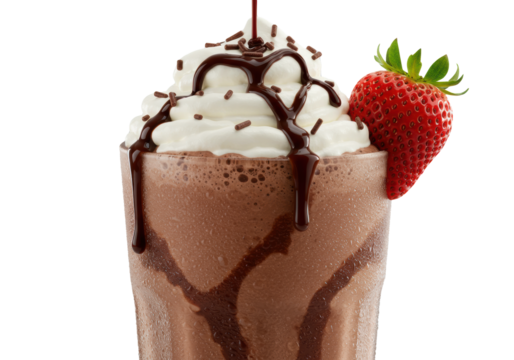Tall, frosty chocolate milkshake with rich cocoa hue, dripping dark fudge sauce, whipped cream, and ripe strawberry garnish, isolated on a transparent background with copy space, concept for