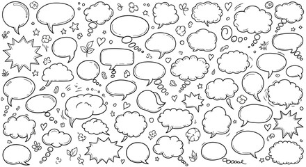 Hand drawn speech bubbles and thought clouds doodle style vector illustration