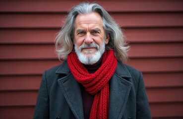 Gray haired man with beard wears red scarf and dark coat. He stands outside on a cold winter day. Face portrait of mature male with thoughtful expression. He looks calm.