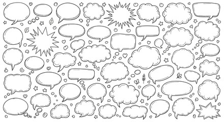 Hand drawn speech bubbles and thought clouds collection in black and white