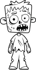 Funny cartoon zombie boy illustration, spooky undead character with tattered clothes, Halloween themed line art drawing for creepy comic designs