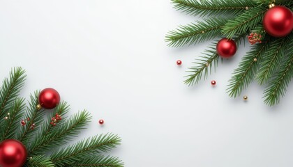 Green pine branches with red ornaments on a white background. Ideal for holiday themes and Christmas decorations.