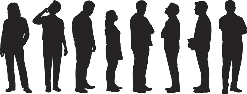 Group of diverse standing human silhouettes, isolated black figures in various poses, crowd concept illustration for design, communication, teamwork and society themes