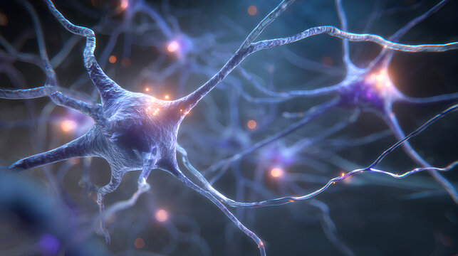3D illustration of neurons firing electrical signals with glowing synapse connections and energy pulses across axons and dendrites in realistic neural network
