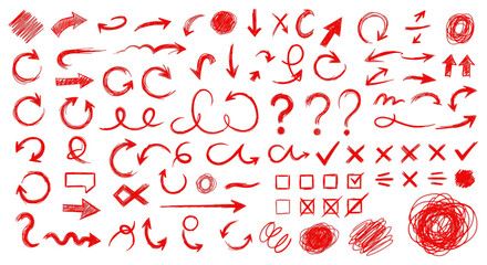 Hand drawn red arrows and symbols set for graphic design and illustration projects