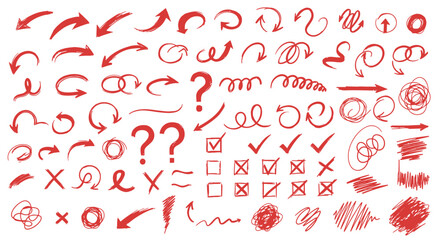 Hand drawn red arrows checkmarks crosses and scribbles on white background