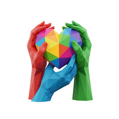 Colorful polygonal heart held by red blue and green hands against a on transparent background