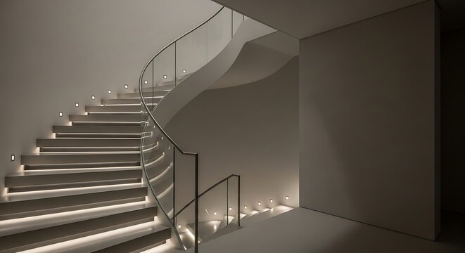 Illuminated spiral staircase with glass balustrade in modern interior