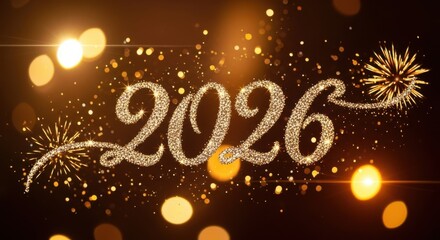 Sparkling 2026 new year celebration with golden firework display adding festive cheer, perfect for event promotions and holiday greetings