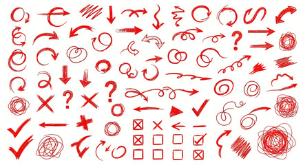 Hand drawn red arrow and symbol collection on white background for design