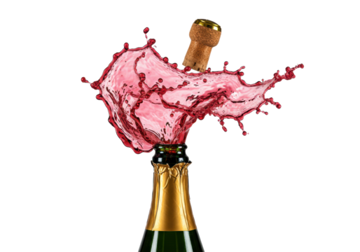 ultra-close-up macro of a dark green bottle exploding deep ruby sparkling wine and cork in mid-air, high-contrast lighting, isolated on white background with copy space. concept for beverage