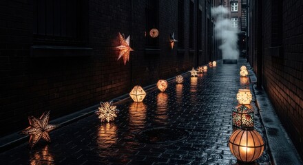 Enchanting lanterns illuminate a quiet city alley after the rain, creating a magical atmosphere perfect for holiday promotions and winter events