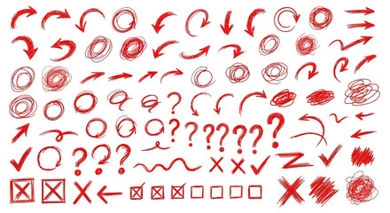 Hand drawn red arrows circles checks crosses questions and boxes collection