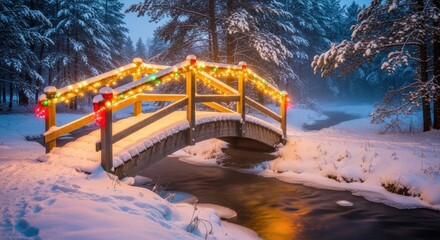 Enchanting winter wonderland scene featuring a charming bridge adorned with festive Christmas lights over a gentle stream in a snowy forest landscape