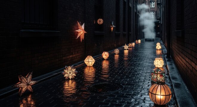 Enchanting lanterns illuminate a quiet city alley after the rain, creating a magical atmosphere perfect for holiday promotions and winter events