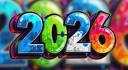 Vibrant graffiti art celebrates 2026 with dynamic colors and modern urban style, perfect for posters, social media promotions, and festive designs
